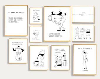 Coffee Bar Gallery Wall Set of 10 Minimalist Prints, Coffee Bar Print, Coffee Wall Art, Pritty Printable, Digital Download, Doodle Wall Art