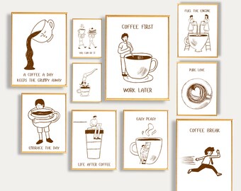Coffee Bar Gallery Wall Art: Minimalist Doodle Prints (Digital Download)