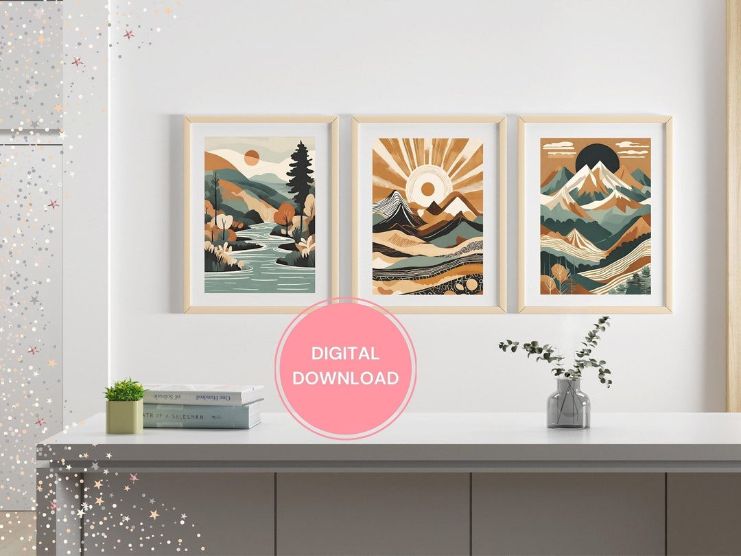 Bundle of 3 Piece Wall Art Nature, Sun and Mountains Illustration Print ...