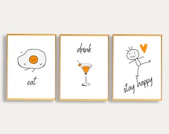 Eat Drink Stay Happy Art Print Set: Minimalist Doodle Wall Decor (Digital Download)
