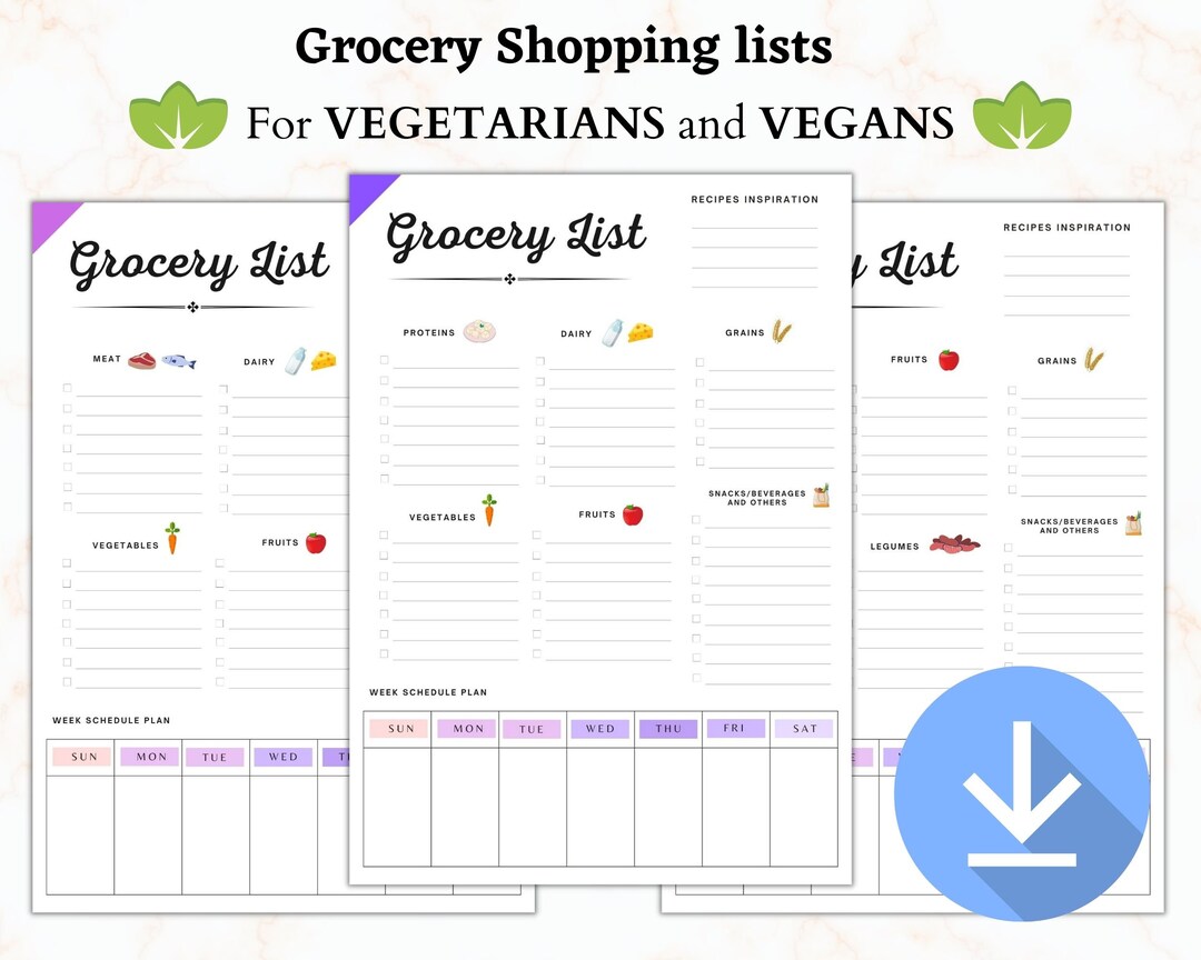 Grocery Shopping List for Vegetarians and Vegans Etsy