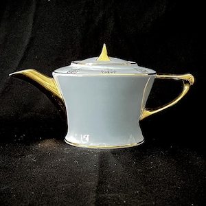 Antique Fraunfelter Porcelain Teapot: Art Deco Periwinkle Blue, Gold Trim