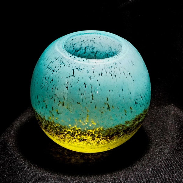 Light Catching Hand-blown Art Glass Fishbowl Globe Vase, Turquoise to Rust to Yellow Ombre Flecking, Murano Like Design