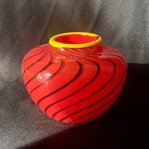 Artisan Art Glass Vase: Red & Black Swirls, Yellow Rim