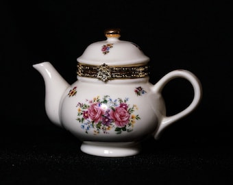 Sweet little porcelain miniature teapot trinket box with rose motif