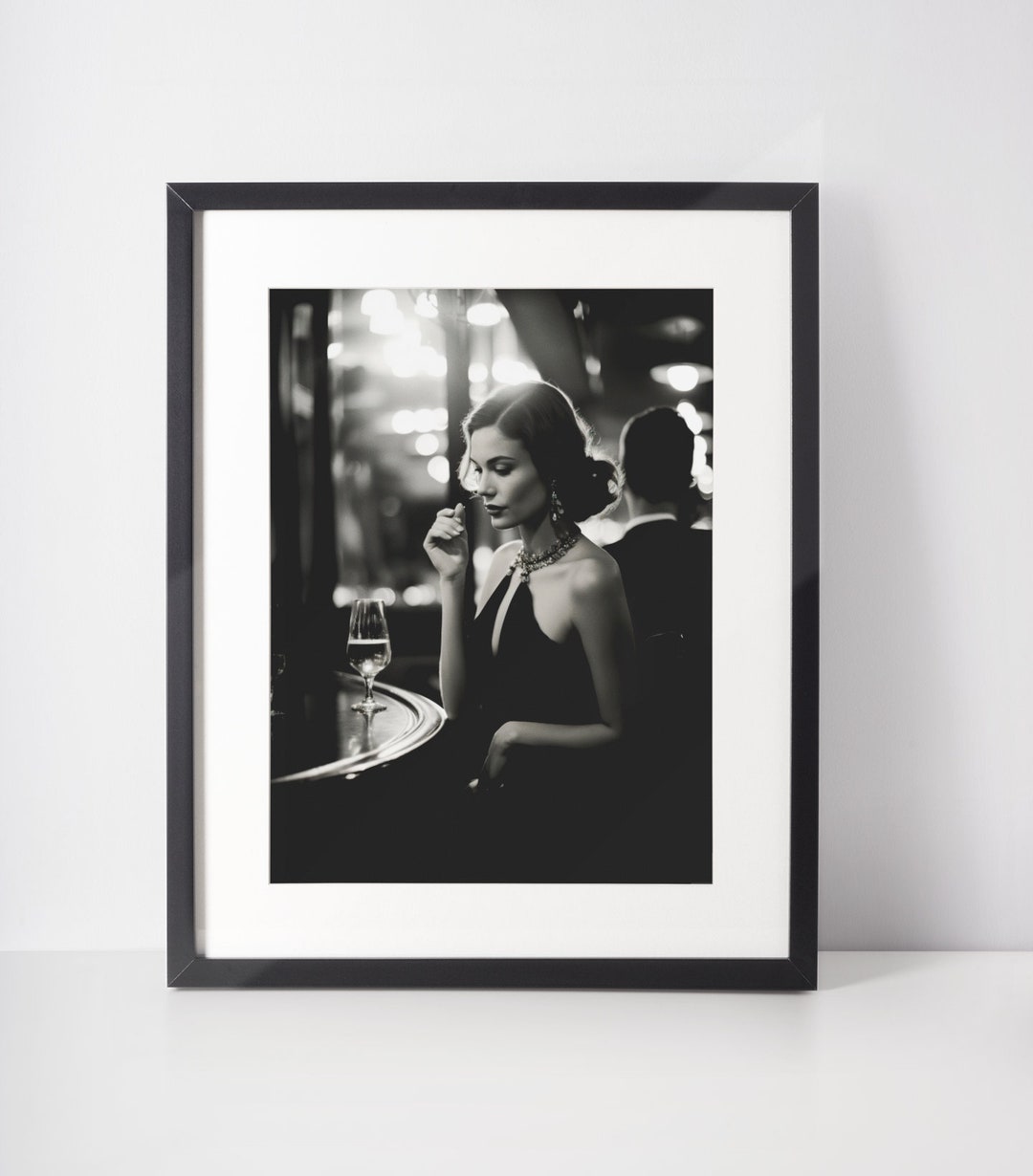 Bar Art Decor Woman at the Bar Woman Drinking Champagne Black and White ...
