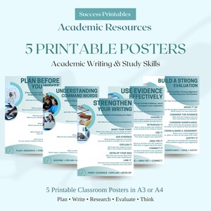 以下が含まれることがあります： Success Printables Academic Resourcesと題された、ティールと白の学術ポスター5枚セット。ポスターには、Plan Before You WriteやStrengthen Your Writingなど、学術的なライティングや学習スキルに関するテキストガイドが記載されています。