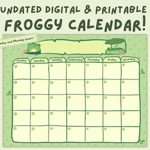 Kawaii Frog, Cute Froggy, Undated Digital Calendar/Planner, Printable Calendar, Monthly Planner, iPad, PNG JPG PDF, Green Froggy Planner