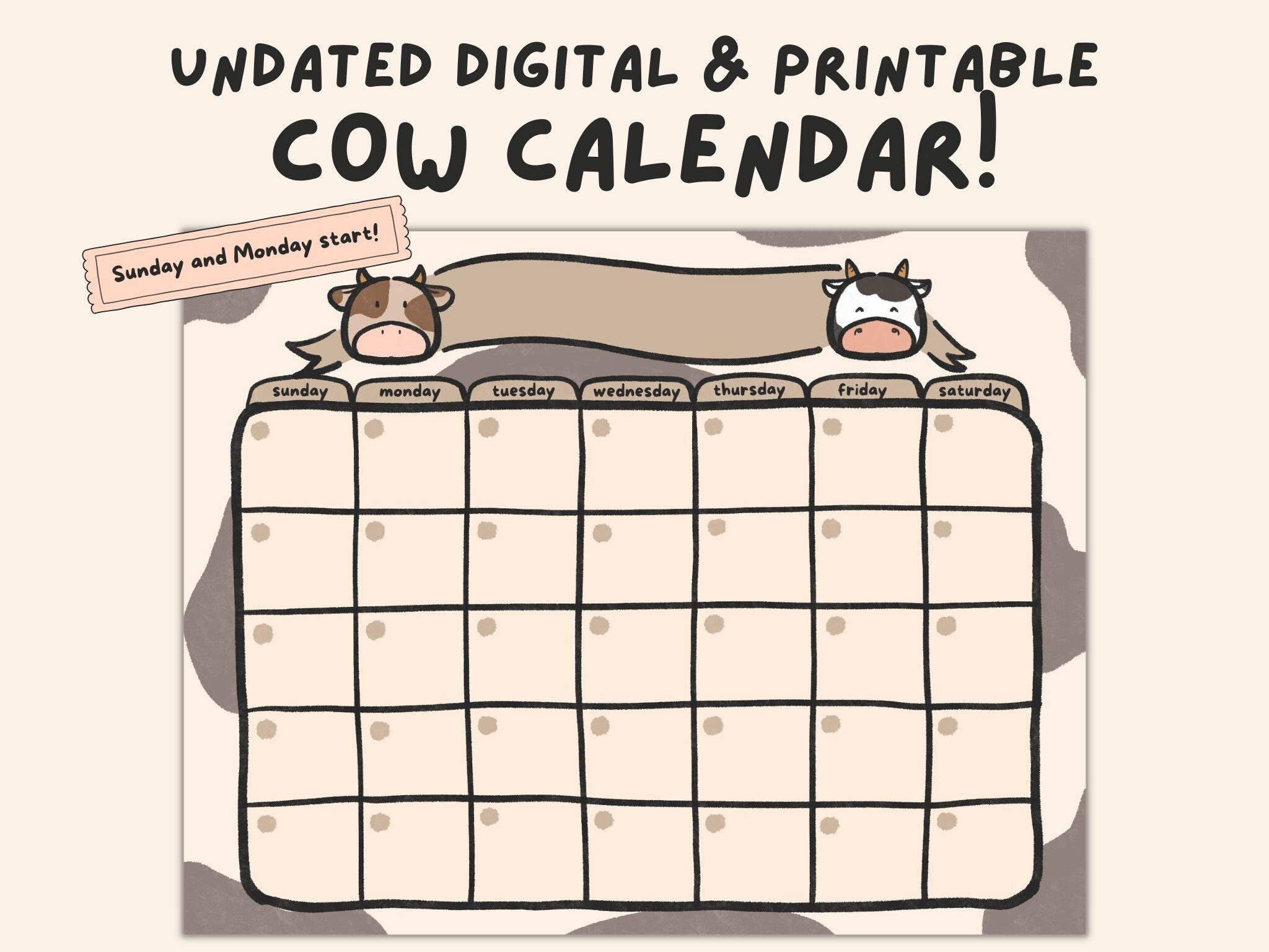 Kawaii Cow, Cute Cow, Undated Digital Calendar/planner, Printable