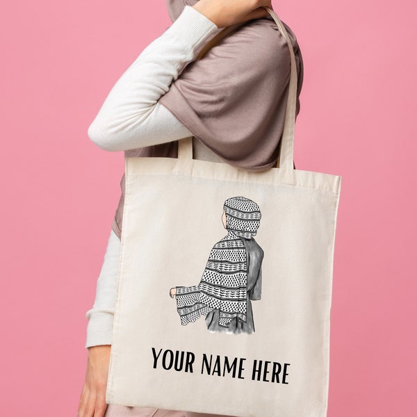 Personalized Keffiyeh tote bag, Hijabi girl, Palestine tote bag, Graphic Art, Girl Wearing Keffiyeh Hijab Scarf.