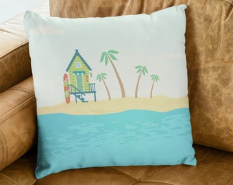 Island Bungalow Decorative Spun Polyester Square Throw Pillow, spring summer decor, living room, couch, bedroom throw pillow