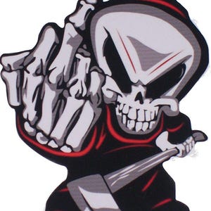RED Cartoon Middle Finger Reaper Decal / Sticker Great for car truck or SUV Window or Helmet Phone Case Race Car