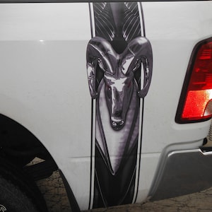 Op de afbeelding: Een witte pick-up truck met een zwarte en zilveren rammenkop sticker aan de zijkant. De sticker is een afbeelding van een rammenkop met grote hoorns.