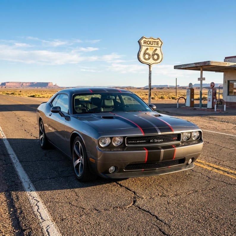 May include: A dark gray Dodge Challenger coupe featuring dual black racing stripes with thin red accents running down the hood and roof. The vehicle is parked on an asphalt road near a Route 66 sign and a vintage gas station in a desert landscape.