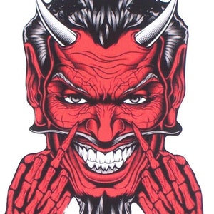 May include: A red devil with horns and a mischievous grin, giving the middle finger with both hands. The devil has a black beard and a black and white hair style.