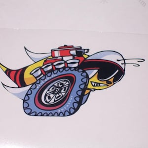 May include: A cartoon illustration of a yellow and black bee with a red and white helmet, driving a red car with a large tire. The bee is wearing sunglasses and has a determined expression. The bee is driving fast and leaving a trail of smoke behind it.