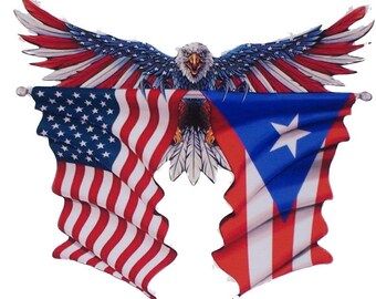 Front Facing Wing Spread American Flag Eagle Holding American & Puerto Rico Flags Decal / Sticker