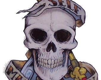May include: A skull with a welding torch and a banner that reads "Self Made Man".