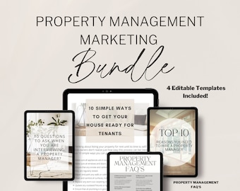 May include: A digital marketing bundle for property managers. The bundle includes four editable templates: 10 Questions to Ask When Interviewing a Property Manager, 10 Simple Ways to Get Your House Ready for Tenants, Property Management FAQ's, and Top 10 Reasons You Need to Hire a Property Manager.
