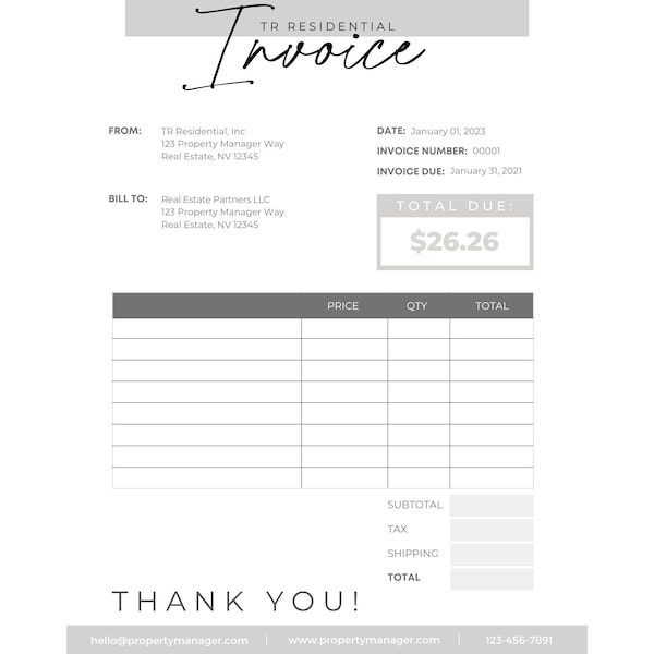 Simple Business Invoice, Self Employed, Real Estate, Property Manager, Editable Template