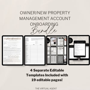 May include: A digital marketing bundle for property management businesses. The bundle includes four separate editable templates with 19 editable pages. The templates are displayed on four tablet screens. The text on the screens includes "New Account", "Property Move-In Condition Checklist", "L.A.G.S", and "New Property Management Account Welcome Booklet".