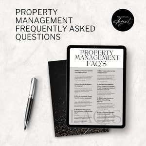 May include: A digital tablet displays "Property Management FAQ's" with a list of questions and answers. A black pen and a black notebook with gold star accents are on the left. The Virtual Agent logo is in the top right.