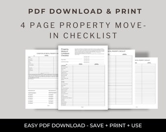 Pode incluir: Um modelo de lista de verificação de mudança de propriedade de quatro páginas, disponível para download em PDF. As páginas são brancas com texto preto, com seções para relatórios de condição e detalhes da propriedade alugada. O texto na parte superior diz "PDF DOWNLOAD & PRINT".