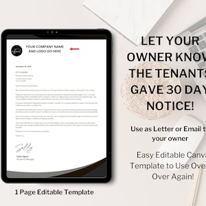 Carta de notificación de aviso de 30 días del propietario/correo electrónico/administración de la propiedad/plantilla editable de Canva