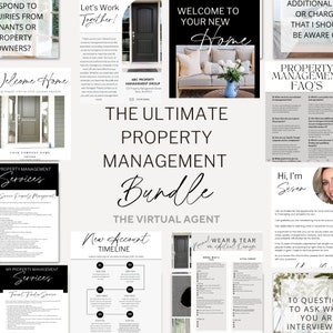May include: A collage of images promoting a property management bundle. The images include a welcome home sign, a new account timeline, a wear and tear guide, and a list of frequently asked questions. The text "The Ultimate Property Management Bundle" is featured in large, bold letters.