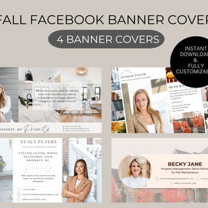 Puede incluir: Cuatro portadas de banner de Facebook para empresas de gestión inmobiliaria. Cada banner presenta a una mujer diferente con un tema otoñal. El texto en las pancartas incluye "Tu propiedad, mi prioridad", "Hojas que caen, estándares en aumento", "Hola, soy Jen" y "Gestión de propiedades. Nos estamos enamorando del mantenimiento de otoño."