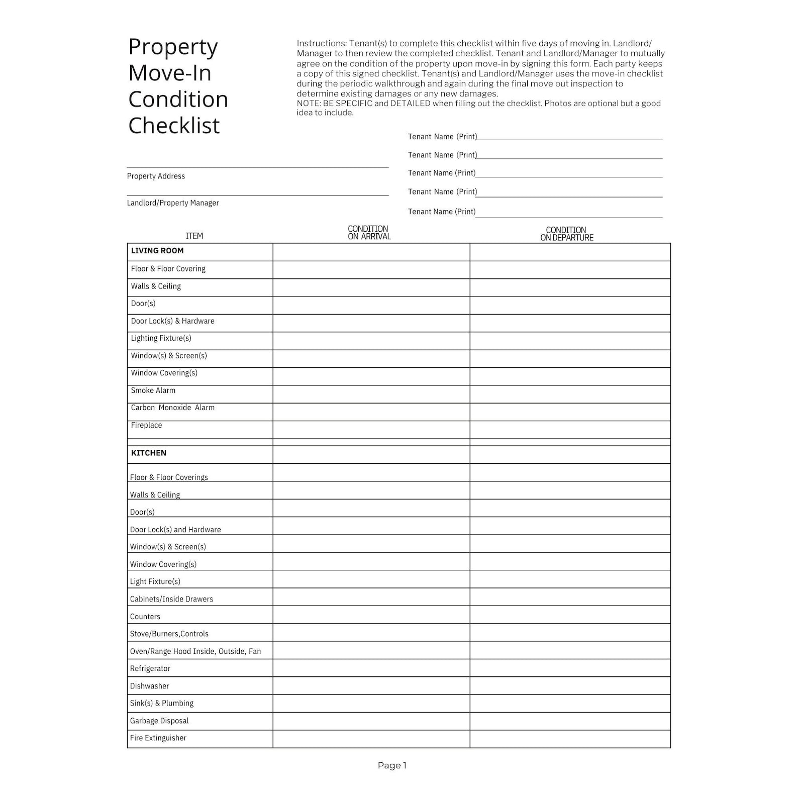 Editable | Property Move in Condition Checklist | Tenant Forms ...