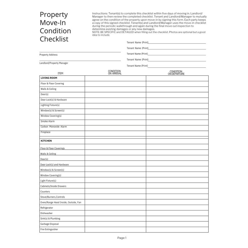 Move In Checklist Pdf Property Move in Condition Checklist | PDF | Printable | Tenant Forms ...