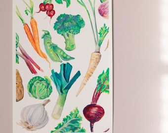 Winter Vegetable Gouache Art Print: Kitchen Wall Decor