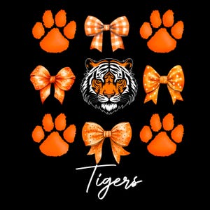 May include: Orange and white tiger head with orange paw prints and bows. The text "Tigers" is written in white below the image.