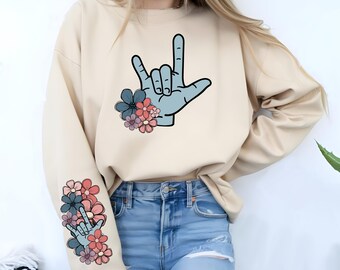 ASL I Love You BOHO floral with Sleeve design Sign Language Png