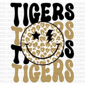 Retro Smiley Face Tigers Mascot black gold PNG Digital download file