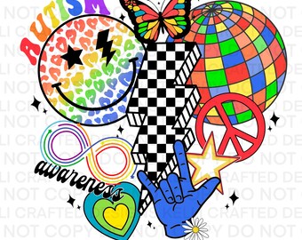 Retro Autism Awareness Smiley png digital download for sublimation or DTF