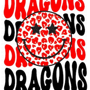 Retro Dragons Smiley Face Mascot PNG for sublimation Glitter Version included