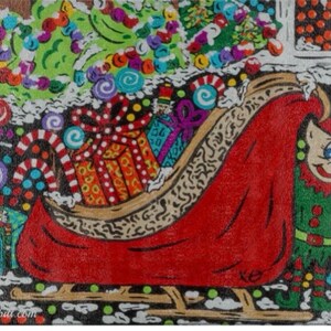 May include: A festive Christmas illustration depicting a red sleigh laden with presents and candy canes. An elf is positioned nearby. The background includes a decorated Christmas tree and a window with baubles. The image has a whimsical, celebratory feel.