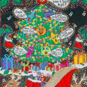 Puede incluir: Ilustración navideña colorida con un árbol decorado con adornos, luces y bocadillos con frases festivas. Regalos, un trineo y renos en la parte inferior. El texto incluye "Jingle Bells" y "Santa Claus is coming to town."