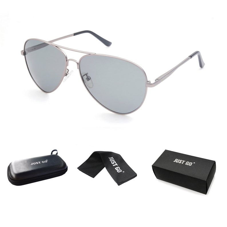 May include: Silver aviator sunglasses with gray lenses, a black microfiber cleaning cloth, and a black hard case with the text "JUST GO" printed on it.