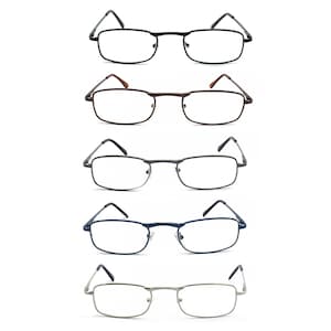 May include: Set of five pairs of reading glasses with rectangular frames. The frames are available in black, brown, gray, blue, and silver.