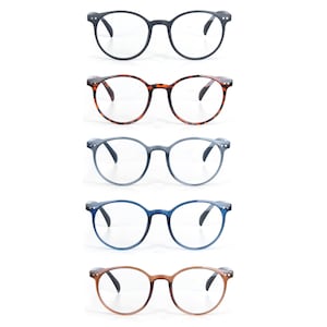 EYE ZOOM 5 Pack Unisex Stylish Retro Round Plastic Frame Reading Glasses for Men and Women, Black, Tortoise, Gray, Blue and Brown