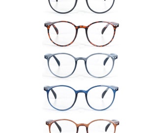 EYE ZOOM 5 Pack Unisex Stylish Retro Round Plastic Frame Reading Glasses for Men and Women, Black, Tortoise, Gray, Blue and Brown