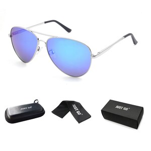 May include: Silver aviator sunglasses with blue mirrored lenses, a black case, and a black cleaning cloth. The case and cloth both have the text "JUST GO" printed on them.