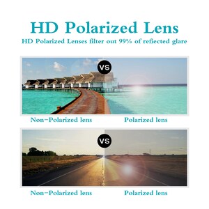 May include: Two side-by-side images comparing the difference between non-polarized and polarized lenses. The top image shows a beach scene with a wooden walkway leading to a group of overwater bungalows. The bottom image shows a road with a car driving towards the viewer. The text "VS" appears in the middle of each image.
