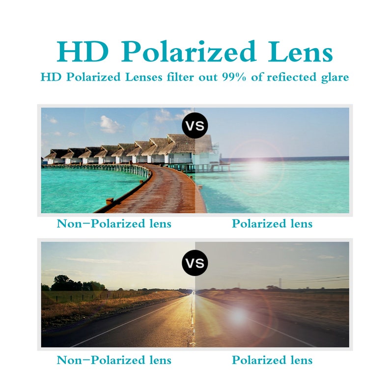May include: Two side-by-side images comparing the difference between non-polarized and polarized lenses. The top image shows a beach scene with a wooden walkway leading to a group of overwater bungalows. The bottom image shows a road with a car driving towards the viewer. The text "VS" appears in the middle of each image.