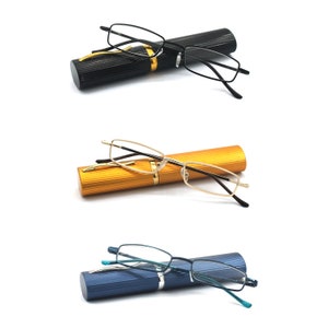 EYE ZOOM Ultra Slim Compact Lightweight Tube Reading Glasses with Portable Clip Aluminum Case, Mil-color