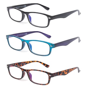 EYE ZOOM 3 Pack Rectangular Plastic Frame Blue Light Blocking and Anti UV Reading glasses or Computer Eyeglasses