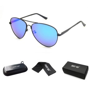 May include: Black aviator sunglasses with blue mirrored lenses. The sunglasses come with a black case, a black cleaning cloth, and a black box with the text "JUST GO" printed on it.